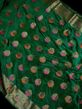 Handmade Green Color Banarasi Handloom Cotton Silk Saree with Antique Zari Weave and Meenakari Work with Banarasi Borders | No Blouse