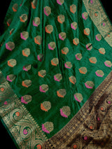 Handmade Green Color Banarasi Handloom Cotton Silk Saree with Antique Zari Weave and Meenakari Work with Banarasi Borders | No Blouse