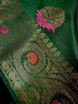 Handmade Green Color Banarasi Handloom Cotton Silk Saree with Antique Zari Weave and Meenakari Work with Banarasi Borders | No Blouse