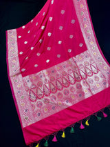 Deep Rani Pink Color Soft Banarasi Silk Saree with Meenakari Work | Paithani Style Borders | Muted Gold Zari Weave