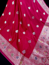 Deep Rani Pink Color Soft Banarasi Silk Saree with Meenakari Work | Paithani Style Borders | Muted Gold Zari Weave