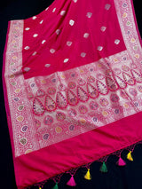 Deep Rani Pink Color Soft Banarasi Silk Saree with Meenakari Work | Paithani Style Borders | Muted Gold Zari Weave