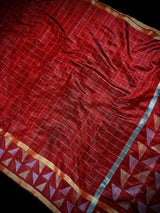 Maroon Color Check Saree with Gold and Sliver Resham Weave | Pure Raw Silk Saree | Handloom Saree | SILK MARK CERTIFIED