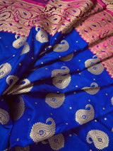 Royal Blue with Dark Pink Color Traditional Handloom Banarasi Saree with Satin Border | Muted Gold Zari Weave | Handwoven Sarees
