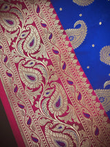Royal Blue with Dark Pink Color Traditional Handloom Banarasi Saree with Satin Border | Muted Gold Zari Weave | Handwoven Sarees