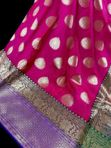 Magenta Pink with Green and Blue color combination Traditional Satin Border Banarasi Handloom Soft Silk Saree