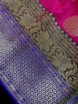Magenta Pink with Green and Blue color combination Traditional Satin Border Banarasi Handloom Soft Silk Saree