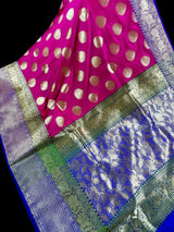 Magenta Pink with Green and Blue color combination Traditional Satin Border Banarasi Handloom Soft Silk Saree