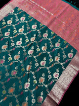 Statement Handmade Rama Green Color Banarasi Semi Katan Silk Saree with Meenakari and Muted Gold Zari Weave with Floral Jaal