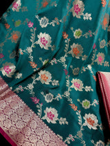 Statement Handmade Rama Green Color Banarasi Semi Katan Silk Saree with Meenakari and Muted Gold Zari Weave with Floral Jaal