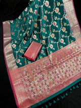 Statement Handmade Rama Green Color Banarasi Semi Katan Silk Saree with Meenakari and Muted Gold Zari Weave with Floral Jaal