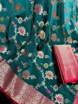 Statement Handmade Rama Green Color Banarasi Semi Katan Silk Saree with Meenakari and Muted Gold Zari Weave with Floral Jaal