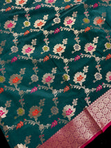 Statement Handmade Rama Green Color Banarasi Semi Katan Silk Saree with Meenakari and Muted Gold Zari Weave with Floral Jaal