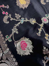 Statement Handmade Black Color Banarasi Semi Katan Silk Saree with Meenakari and Muted Gold Zari Weave with Floral Jaal