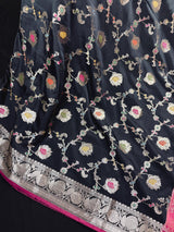 Statement Handmade Black Color Banarasi Semi Katan Silk Saree with Meenakari and Muted Gold Zari Weave with Floral Jaal