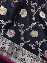 Statement Handmade Black Color Banarasi Semi Katan Silk Saree with Meenakari and Muted Gold Zari Weave with Floral Jaal