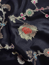 Statement Handmade Black Color Banarasi Semi Katan Silk Saree with Meenakari and Muted Gold Zari Weave with Floral Jaal