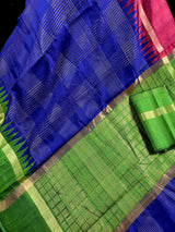Royal Blue Color Ganga Yamuna Saree with Paroot Green and Deep Plum Color | Pure Raw Silk Handloom Saree | SILK MARK CERTIFIED