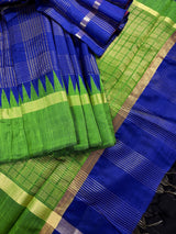 Royal Blue Color Ganga Yamuna Saree with Paroot Green and Deep Plum Color | Pure Raw Silk Handloom Saree | SILK MARK CERTIFIED
