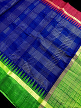 Royal Blue Color Ganga Yamuna Saree with Paroot Green and Deep Plum Color | Pure Raw Silk Handloom Saree | SILK MARK CERTIFIED