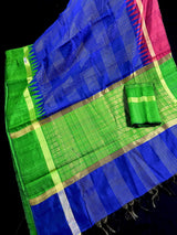 Royal Blue Color Ganga Yamuna Saree with Paroot Green and Deep Plum Color | Pure Raw Silk Handloom Saree | SILK MARK CERTIFIED