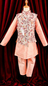 Boys Kurta Pajama with Jacket in Peach Color | Emberiodered Jacket | Fancy Party and Wedding Wear for Boys
