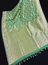Pastel Pista Green Banarasi Silk in Muted Gold Zari with Floral Jaal Design | Soft Silk Sarees | Banarasi Silk Sarees
