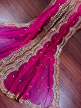 Deep Fuchsia Pink Color Net Dupatta with Zari, Sequin and Beads | Pink Color Dupatta | Sequin Dupatta | Indian Dupatta for Lehanga