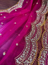 Deep Fuchsia Pink Color Net Dupatta with Zari, Sequin and Beads | Pink Color Dupatta | Sequin Dupatta | Indian Dupatta for Lehanga
