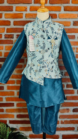Boys Kurta Pajama with Jacket in Teal Blue Color | Boys 3pcs Set | Emberiodered Jacket | Fancy Party and Wedding Wear for Boys