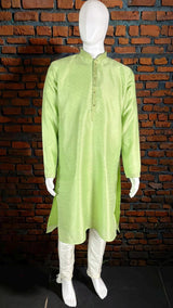 Pista Green Color Men Kurta Pajama in Raw Silk | Self design Kurta with Lining | Mens Kurta Pajama Set
