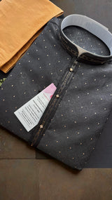 Party Wear Designer Men Kurta Set in Black Color with tiny Gold Zari Weave and Embossed Self Design in Soft Raw Silk with Cotton Lining