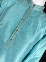 Designers Sea Blue Kurta with Embossed Zari and Self Design Pattern | Kurta with Cotton Lining | Mens Ethnic Wedding Wear