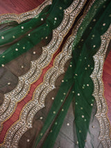 Bottle Green Color Net Dupatta with Gold Zari, Sequin and Beads | Pink Color Dupatta | Sequin Dupatta | Indian Dupatta for Lehanga