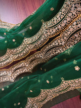 Bottle Green Color Net Dupatta with Gold Zari, Sequin and Beads | Pink Color Dupatta | Sequin Dupatta | Indian Dupatta for Lehanga