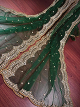 Bottle Green Color Net Dupatta with Gold Zari, Sequin and Beads | Pink Color Dupatta | Sequin Dupatta | Indian Dupatta for Lehanga