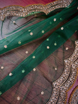 Bottle Green Color Net Dupatta with Gold Zari, Sequin and Beads | Pink Color Dupatta | Sequin Dupatta | Indian Dupatta for Lehanga