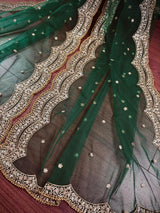 Bottle Green Color Net Dupatta with Gold Zari, Sequin and Beads | Pink Color Dupatta | Sequin Dupatta | Indian Dupatta for Lehanga