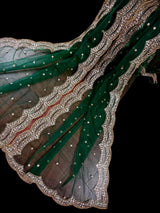 Bottle Green Color Net Dupatta with Gold Zari, Sequin and Beads | Pink Color Dupatta | Sequin Dupatta | Indian Dupatta for Lehanga