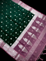 Bottle Green Banarasi Semi Kora Saree Check Saree with Dusty Pink Border and Pallu | Banarasi Saree