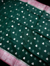 Bottle Green Banarasi Semi Kora Saree Check Saree with Dusty Pink Border and Pallu | Banarasi Saree