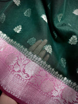 Bottle Green Banarasi Semi Kora Saree Check Saree with Dusty Pink Border and Pallu | Banarasi Saree