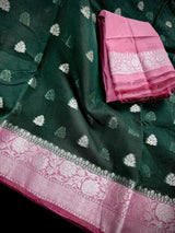 Bottle Green Banarasi Semi Kora Saree Check Saree with Dusty Pink Border and Pallu | Banarasi Saree
