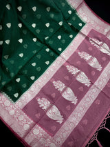 Bottle Green Banarasi Semi Kora Saree Check Saree with Dusty Pink Border and Pallu | Banarasi Saree
