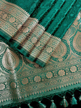 Rama Green Color Soft Mashru Silk handloom Tanchoi Saree with Gold Banarasi Border and Pallu | Banarasi Mashru Silk Saree