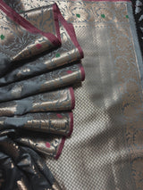 Statement Handmade Grey Green Color Semi Katan Banarasi Silk Saree | Muted Gold Zari Weaving | Semi Katan Silk Sarees