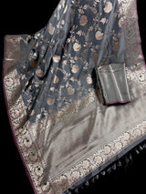 Statement Handmade Grey Green Color Semi Katan Banarasi Silk Saree | Muted Gold Zari Weaving | Semi Katan Silk Sarees