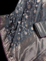 Statement Handmade Grey Green Color Semi Katan Banarasi Silk Saree | Muted Gold Zari Weaving | Semi Katan Silk Sarees