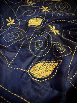Midnight Blue Color Bangalori Silk Saree with Hand Kantha Stitch with Yellow Color Kantha | Handwoven Kantha Stitch Sarees