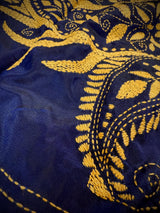 Midnight Blue Color Bangalori Silk Saree with Hand Kantha Stitch with Yellow Color Kantha | Handwoven Kantha Stitch Sarees